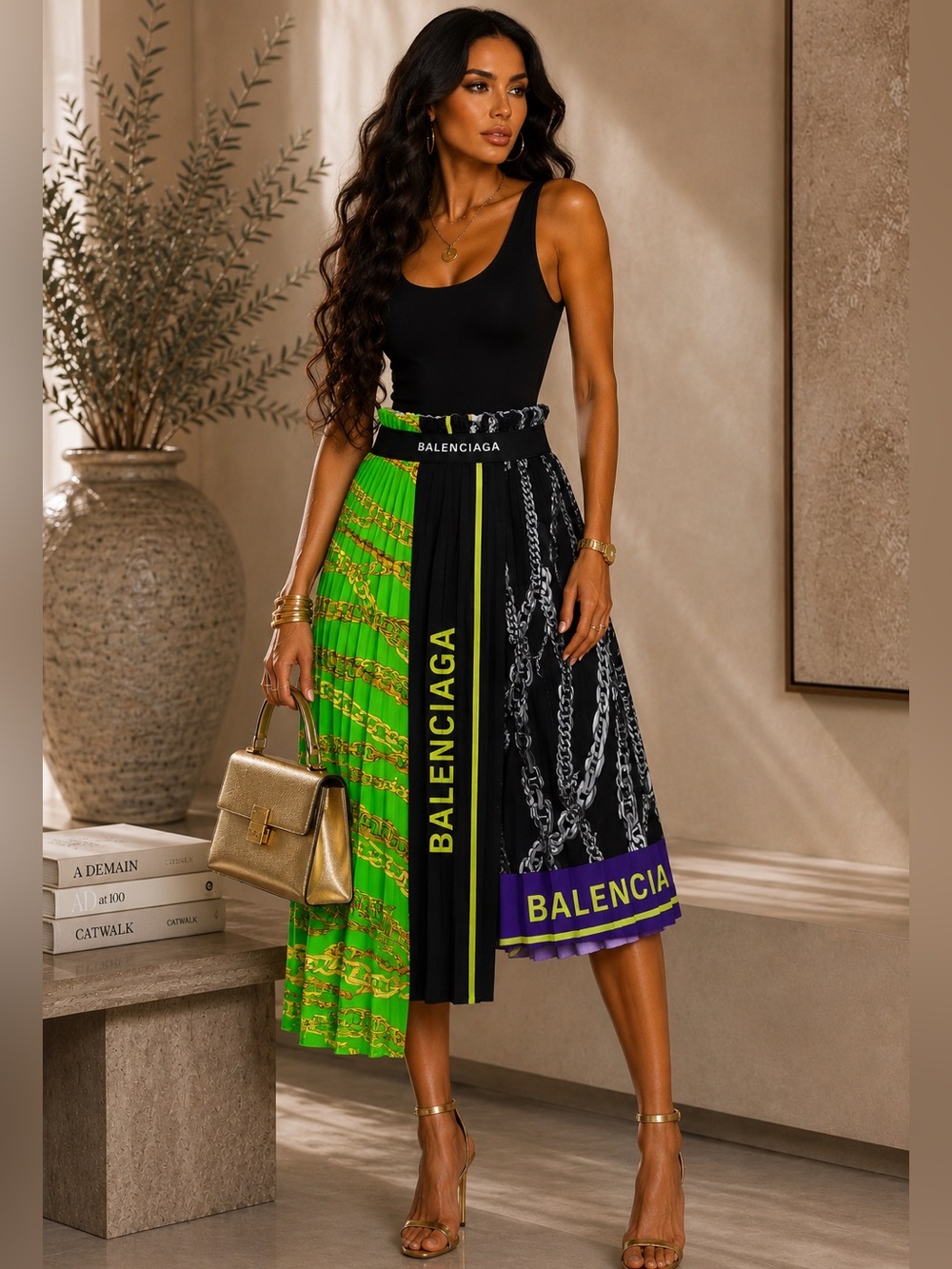 Balenciaga Women's silk multi-color Pleated midi Skirt